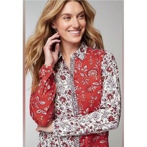 J. Jill Red‎ Flowered Shirt One Pocket Shirred Back Button Up Size 2X